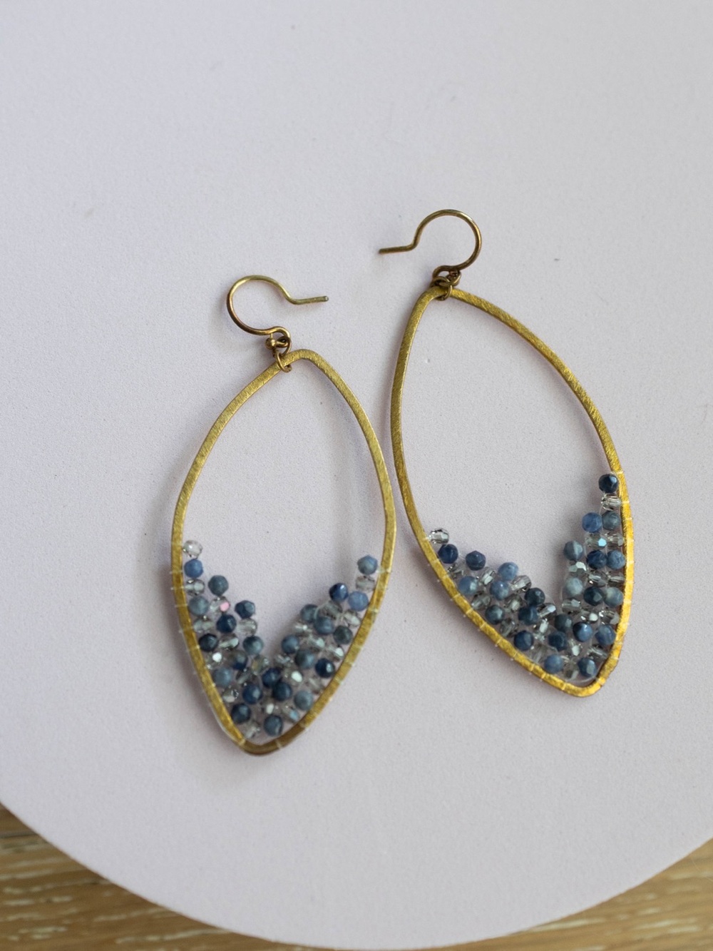 Gold Frame Blue Bead Teardrop Earrings